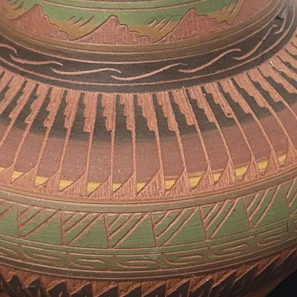 Vintage Native American Multicolor Round Shape Clay Pottery Flower‎ Vase